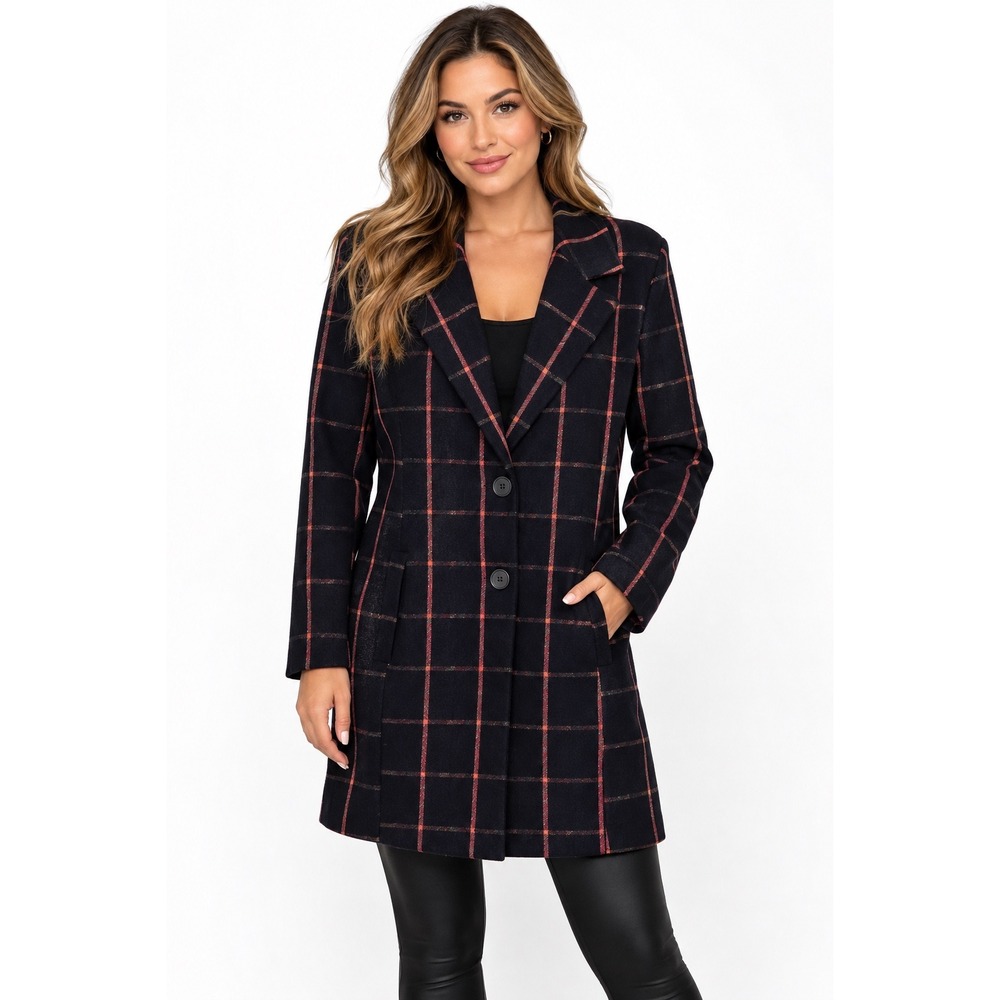 Avec Les Filles Plaid Car Coat Womens XS Navy Blue Windowpane Knit Jacket EUC